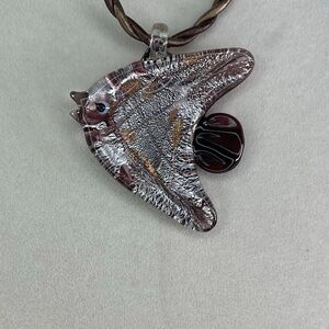 RMN glass ornate fish metallic twisted leather cord necklace.